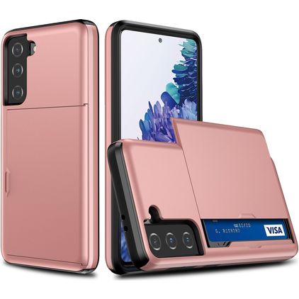 Mobigear Card Samsung Galaxy S21 Plus Hoesje Hardcase Backcover Shockproof met Pasjeshouder - Roségoud