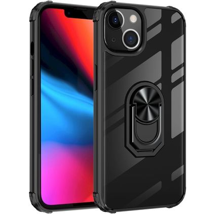Mobigear Crystal Ring iPhone 14 Hoesje Hardcase Backcover met Ringhouder - Transparant / Zwart