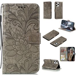 Mobigear Flowers iPhone 12 Hoesje Bookcase Portemonnee - Grijs