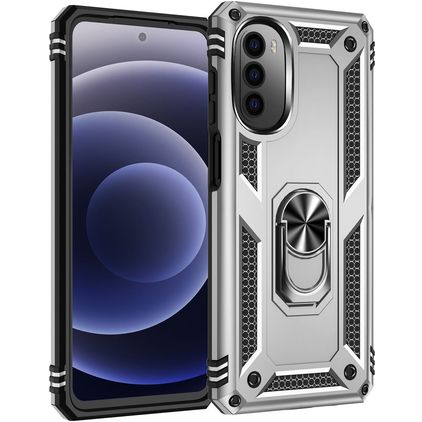 Mobigear Armor Ring Motorola Moto G82 Hoesje Hardcase Backcover Shockproof met Ringhouder - Zilver
