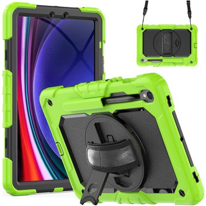 Mobigear SureGrip Xtreme Samsung Galaxy Tab S9 Hoes Hard Kunststof,Siliconen Backcover + Stylus Houder + Schouderband + Standaard - Groen