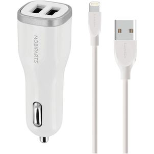 Mobiparts Dual USB Autolader Apple Lightning 1 Meter 12W 2.4A - Wit