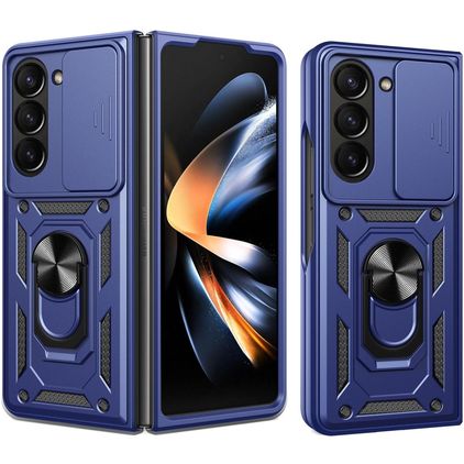 Mobigear Armor Ring Cam Slide Samsung Galaxy Z Fold 7 Hoesje Hardcase Backcover Shockproof met Ringhouder en Camera Slider - Blauw