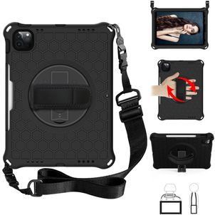 Mobigear SureGrip Hexa iPad Pro 11 Inch (2021) Hoes Hard Kunststof,Siliconen Backcover + Stylus Houder + Schouderband + Standaard - Zwart