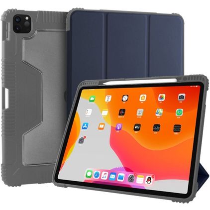 Mutural Tri-Fold Tough iPad Pro 12.9 Inch (2022) Hoes Bookcase + Stylus Houder - Zwart / Marineblauw