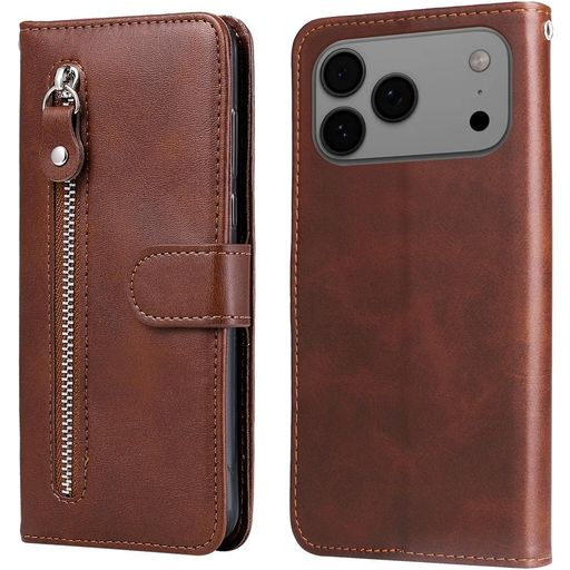 Mobigear Zipper iPhone 17 Pro Max Hoesje Bookcase Portemonnee - Bruin