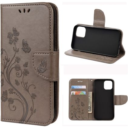 Mobigear Flowers iPhone 12 Hoesje Bookcase Portemonnee - Grijs