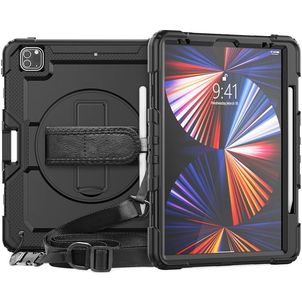 Mobigear SureGrip Xtreme iPad Pro 12.9 Inch (2021) Hoes Hard Kunststof,Siliconen Backcover + Stylus Houder + Schouderband + Standaard - Zwart