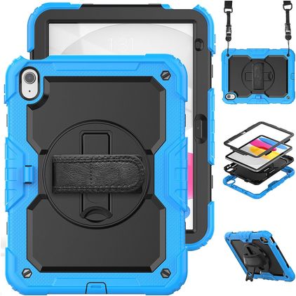 Mobigear SureGrip Xtreme iPad 10 (2022) Hoes Hard Kunststof,Siliconen Backcover + Schouderband + Standaard - Zwart / Blauw