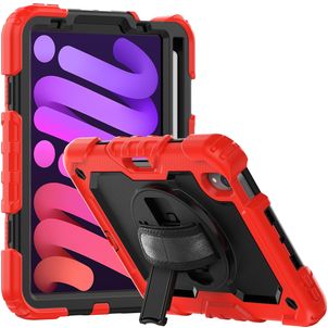 Mobigear SureGrip Xtreme iPad Mini 6 (2021) Hoes Hard Kunststof,Siliconen Backcover + Stylus Houder + Schouderband + Standaard - Zwart / Rood