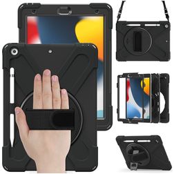 Mobigear SureGrip XGuard iPad 9 (2021) Hoes Hard Kunststof,Siliconen Backcover + Stylus Houder + Schouderband + Standaard - Zwart