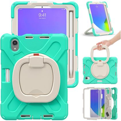 Mobigear RingGuard iPad Mini 7 (2024) Hoes Hard Kunststof,Siliconen Backcover + Stylus Houder + Schouderband + Standaard - Turquoise