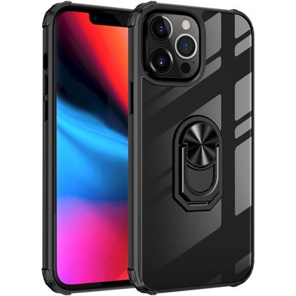 Mobigear Crystal Ring iPhone 14 Pro Max Hoesje Hardcase Backcover met Ringhouder - Transparant / Zwart