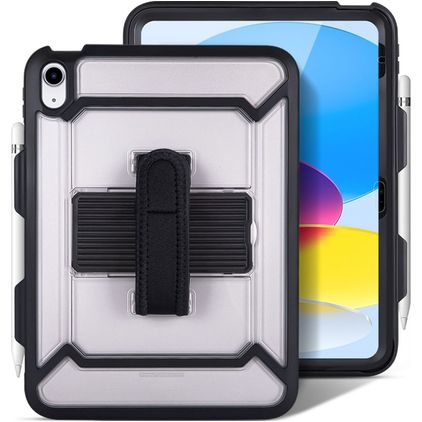 Mobigear SureGrip Slim iPad 10 (2022) Hoes Hard Kunststof,Siliconen Backcover + Stylus Houder + Standaard - Transparant / Zwart