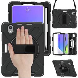 Mobigear SureGrip XGuard iPad Mini 7 (2024) Hoes Hard Kunststof,Siliconen Backcover + Stylus Houder + Schouderband + Standaard - Zwart