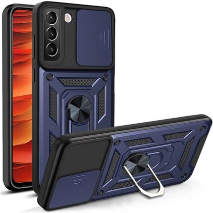 Mobigear Armor Ring Cam Slide Samsung Galaxy S22 Hoesje Hardcase Backcover Shockproof met Ringhouder en Camera Slider - Blauw