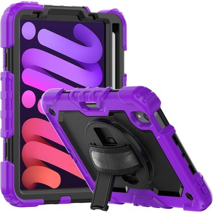 Mobigear SureGrip Xtreme iPad Mini 6 (2021) Hoes Hard Kunststof,Siliconen Backcover + Stylus Houder + Schouderband + Standaard - Paars