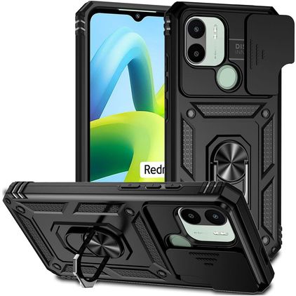 Mobigear Armor Ring Cam Slide Xiaomi Redmi A1 4G Hoesje Hardcase Backcover Shockproof met Ringhouder en Camera Slider - Zwart