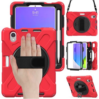 Mobigear SureGrip XGuard iPad Mini 6 (2021) Hoes Hard Kunststof,Siliconen Backcover + Stylus Houder + Schouderband + Standaard - Rood