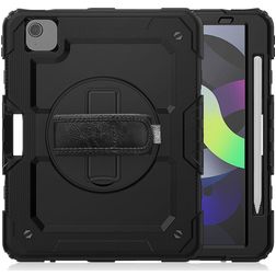 Mobigear SureGrip Xtreme iPad Air 4 (2020) Hoes Hard Kunststof,Siliconen Backcover + Stylus Houder + Schouderband + Standaard - Zwart