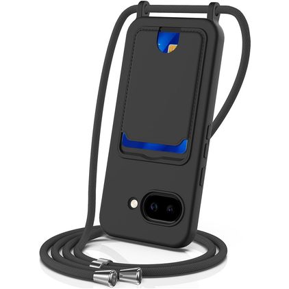 Mobigear Lanyard Card Google Pixel 10a Siliconen Hoesje met koord en Pasjeshouder - Zwart