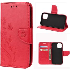 Mobigear Flowers iPhone 12 Hoesje Bookcase Portemonnee - Rood