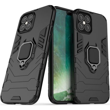 Mobigear Armor Ring iPhone 12 Hoesje Hardcase Backcover Shockproof met Ringhouder - Zwart