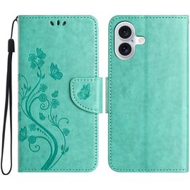 Mobigear Flowers iPhone 16 Hoesje Bookcase Portemonnee - Groen