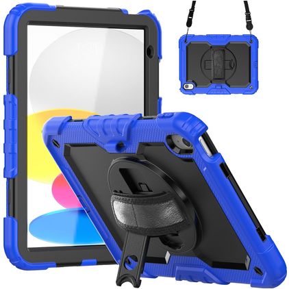 Mobigear SureGrip Xtreme iPad 10 (2022) Hoes Hard Kunststof,Siliconen Backcover + Schouderband + Standaard - Zwart / Blauw