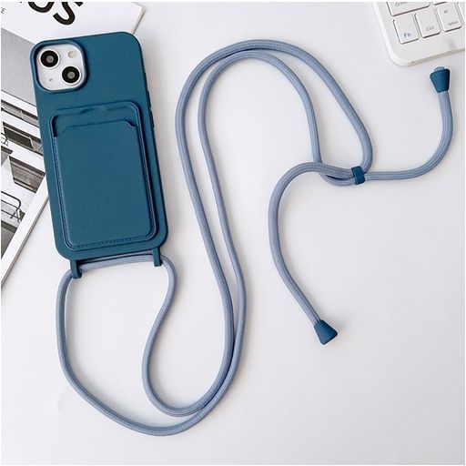 Mobigear Lanyard Card iPhone 15 Plus Siliconen Hoesje met koord en Pasjeshouder - Donkerblauw