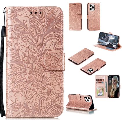 Mobigear Flowers iPhone 12 Pro Hoesje Bookcase Portemonnee - Roségoud