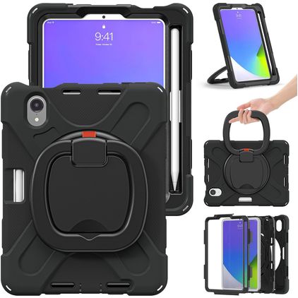 Mobigear RingGuard iPad Mini 7 (2024) Hoes Hard Kunststof,Siliconen Backcover + Stylus Houder + Schouderband + Standaard - Zwart