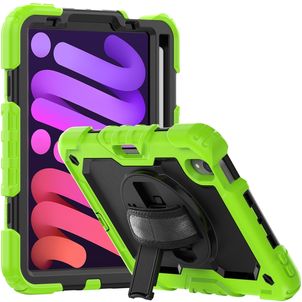Mobigear SureGrip Xtreme iPad Mini 6 (2021) Hoes Hard kunststof / Siliconen Backcover + Stylus Houder + Schouderband + Standaard - Zwart / Groen