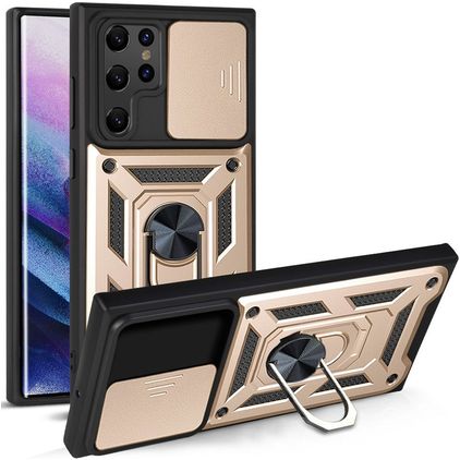 Mobigear Armor Ring Cam Slide Samsung Galaxy S22 Ultra Hoesje Hardcase Backcover Shockproof met Ringhouder - Goud