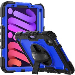 Mobigear SureGrip Xtreme iPad Mini 7 (2024) Hoes Hard Kunststof,Siliconen Backcover + Stylus Houder + Schouderband + Standaard - Zwart / Blauw