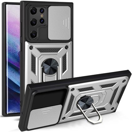 Mobigear Armor Ring Cam Slide Samsung Galaxy S22 Ultra Hoesje Hardcase Backcover Shockproof met Ringhouder - Zilver