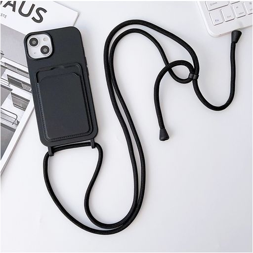 Mobigear Lanyard Card iPhone 15 Plus Siliconen Hoesje met koord en Pasjeshouder - Zwart