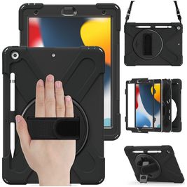 Mobigear SureGrip XGuard iPad 7 (2019) Hoes Hard Kunststof,Siliconen Backcover + Stylus Houder + Schouderband + Standaard - Zwart
