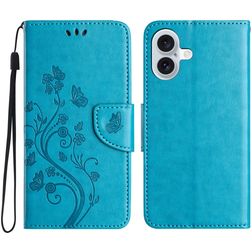 Mobigear Flowers iPhone 16 Hoesje Bookcase Portemonnee - Blauw