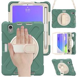 Mobigear SureGrip XGuard iPad Mini 7 (2024) Hoes Hard Kunststof,Siliconen Backcover + Stylus Houder + Schouderband + Standaard - Groen