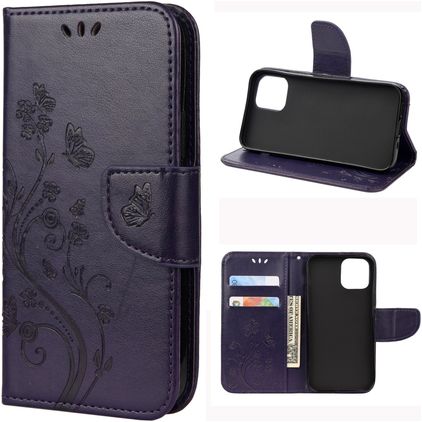 Mobigear Flowers iPhone 12 Mini Hoesje Bookcase Portemonnee - Paars