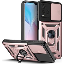 Mobigear Armor Ring Cam Slide Vivo Y33s Hoesje Hardcase Backcover Shockproof met Ringhouder en Camera Slider - Roségoud