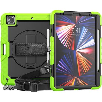 Mobigear SureGrip Xtreme iPad Pro 12.9 Inch (2021) Hoes Hard Kunststof,Siliconen Backcover + Stylus Houder + Schouderband + Standaard - Zwart / Groen
